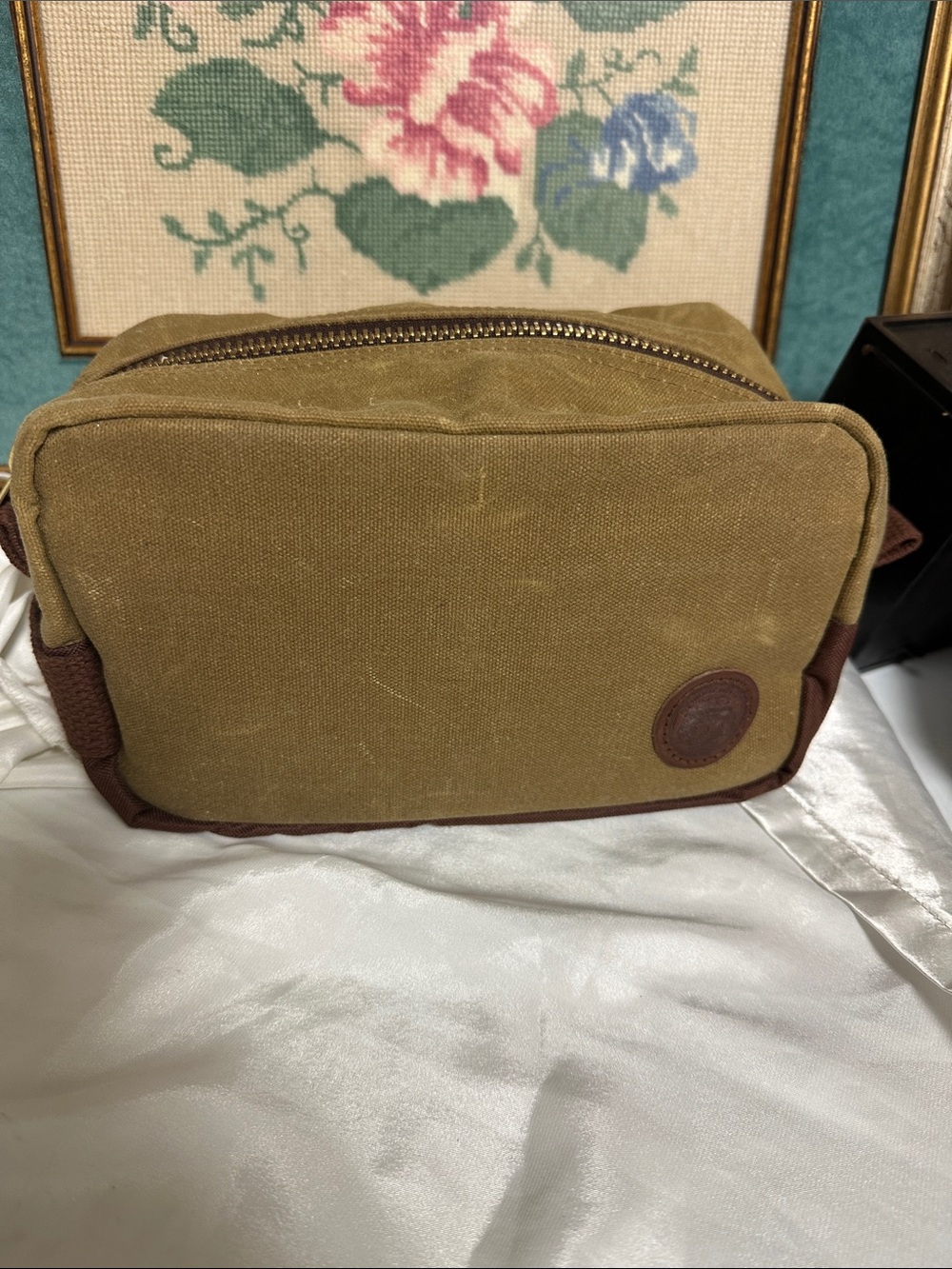 Olive Canvas Toiletry Bag with Brown Trim